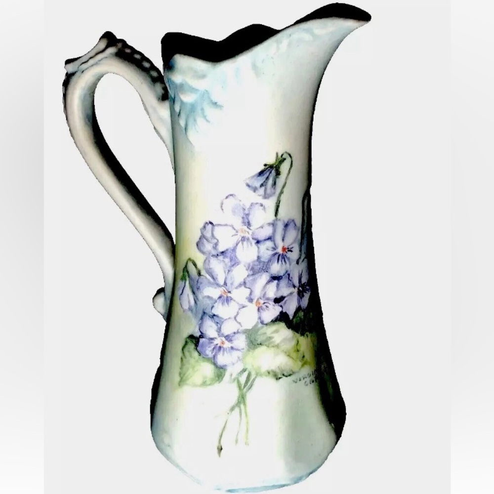 Vintage Hand Painted Ceramic Pitcher Lavender Floral Motif - White and Purple